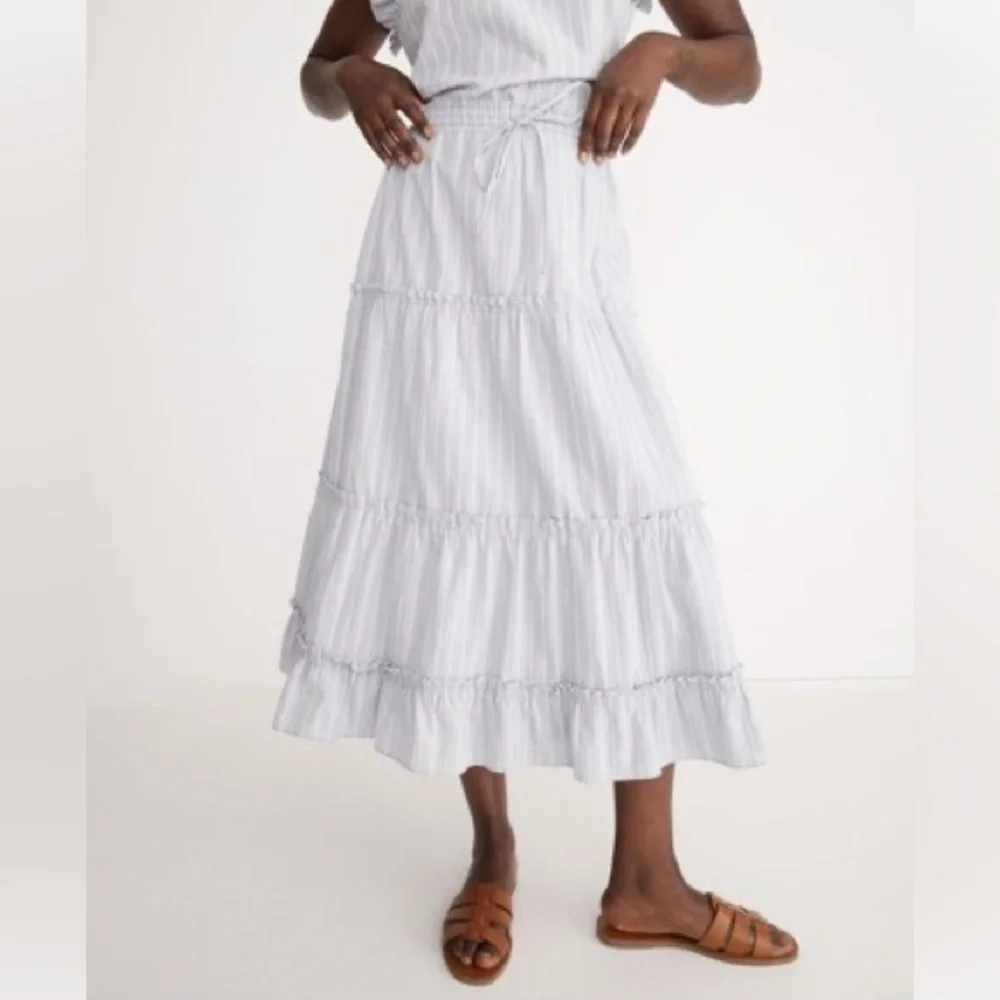 Madewell Blue Striped Pull-On Ruffle Tiered Cotton Maxi Skirt Women’s Size Small - Picture 1 of 8